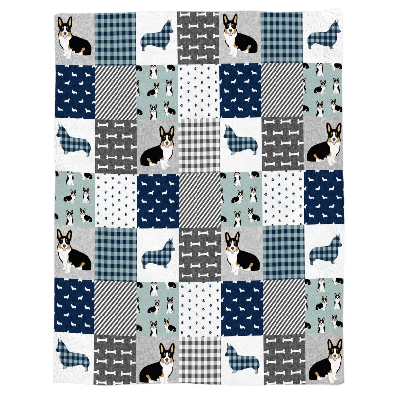 

Corgi Patchwork Print Navy Buffalo Plaid Kids Nap Throw Blanket Bedspread Design Soft Fleece Spring Dog Blanket