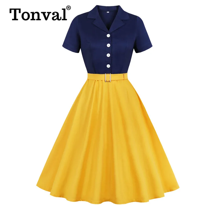 

Tonval Navy Blue and Yellow Two Tone Notched Collar Button Up Elegant Dress Women Belted Rockabilly Vintage Midi Swing Dresses