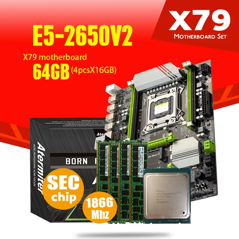 Atermiter X79 Turbo материнская плата LGA2011 ATX Combos E5 2650 V2 CPU 4 шт. x 16 ГБ = 64 DDR3 RAM 1866 МГц PC3 1490R PCI E