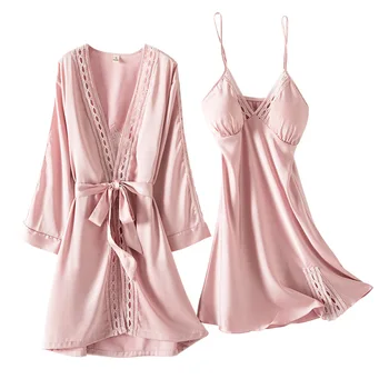 Female Sleepwear Sexy Lace Hollow Out Nighty&Robe Set 2PCS Sleep Suit Satin Bride Bridesmaid Wedding Robe Nightgown Home Clothes 
Female Sleepwear Sexy Lace Hollow Out Nighty&Robe Set 2PCS Sleep Suit Satin Bride Bridesmaid Wedding Robe Nightgown Home Clothes