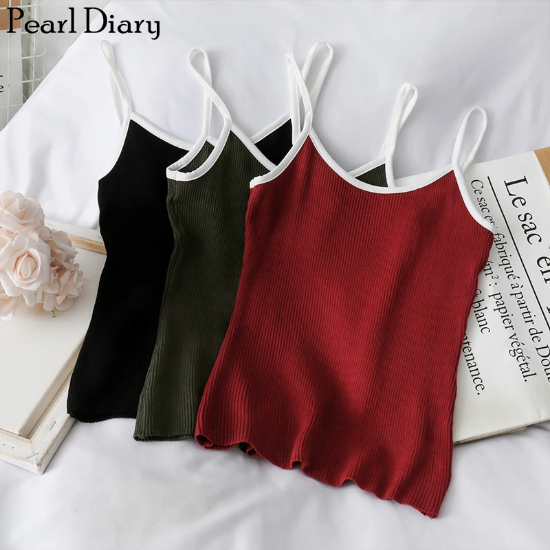 

Pearl Diary Women Ribbed Top Scoop Neck Knitted Rib Strappy Top Contrast Binding Cami Straps Sporty Top Slim Fit Ribbed Crop Top