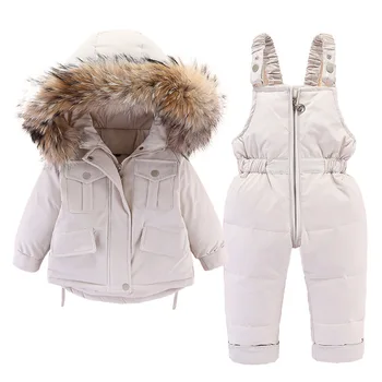 러시아 겨울 다운 재킷, 유아 소년 소녀용 세트, 실제 모피 후드 어린이 의류 세트, 아기 두꺼운 코트 스노우 웨어, 따뜻한 다운