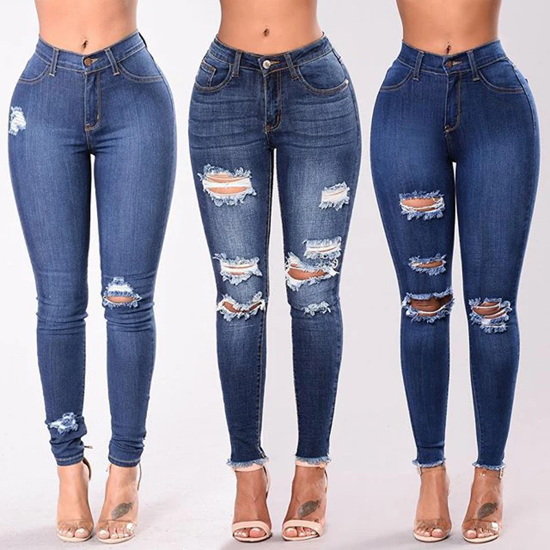 Женские Стрейчевые рваные потертые обтягивающие джинсы с высокой талией узкие