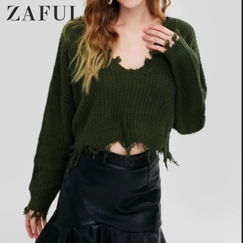 

ZAFUL Tassel Deep V Knitted Pullover Female Autumn Winter Long Sleeve Knit Crochet Sweater Women Cropped Jumper Pull Top Sweater