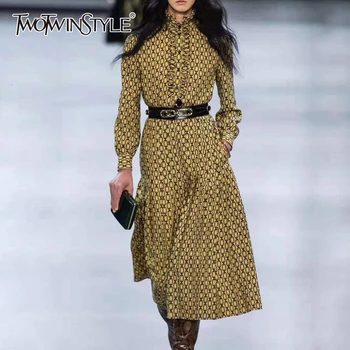 TWOTWINSTYLE Print Ruffle Dress For Women O Neck Long Sleeve High Waist With Sashes Dresses Female 2020 Autumn Fashion New 
TWOTWINSTYLE Print Ruffle Dress For Women O Neck Long Sleeve High Waist With Sashes Dresses Female 2020 Autumn Fashion New