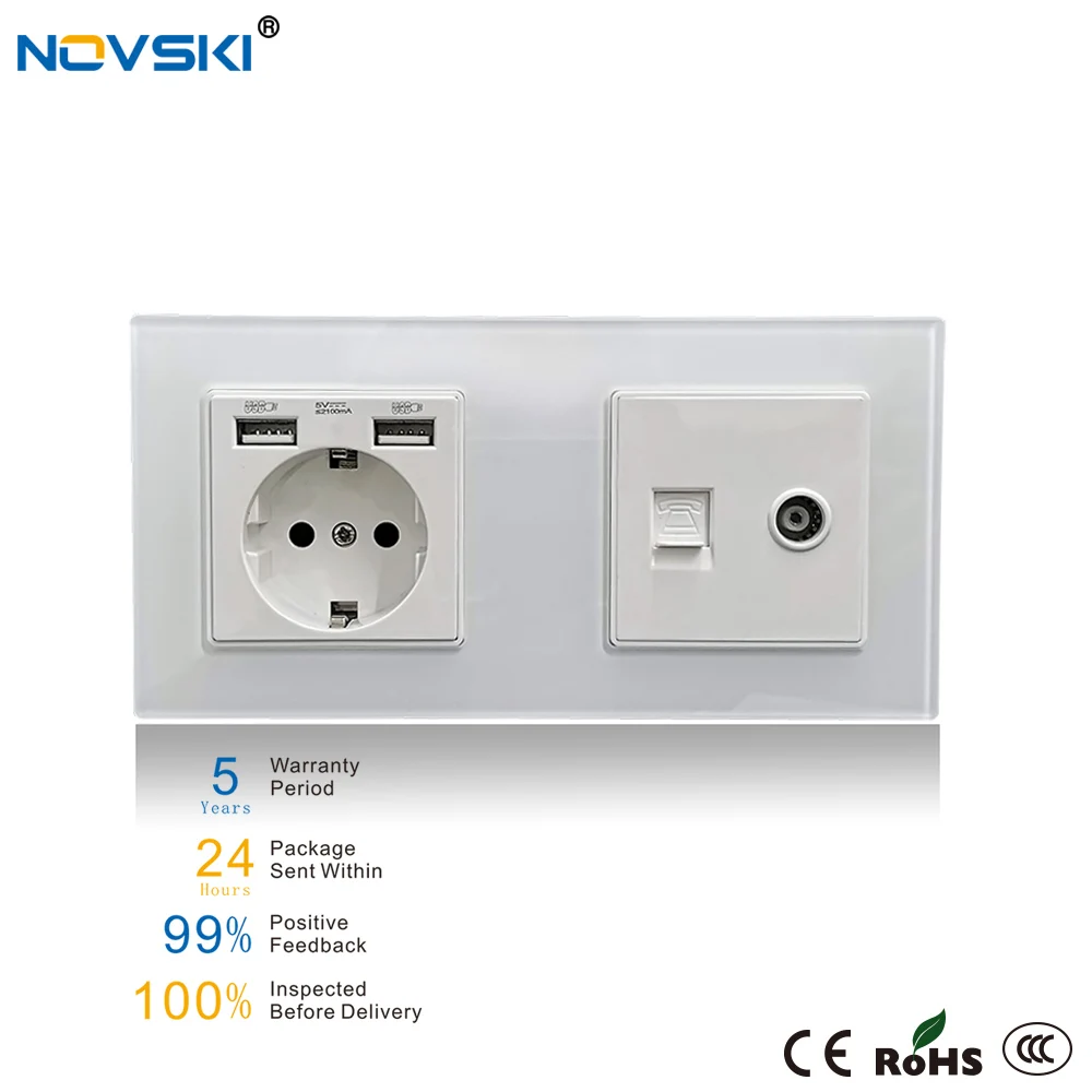 NOVSKI USB 2100mA German Electrical Socket + TV + Tel Data Wall Socket, Crystal Tempered Glass Panel 86*172mm, 5 Years Warranty
NOVSKI USB 2100mA German Electrical Socket + TV + Tel Data Wall Socket, Crystal Tempered Glass Panel 86*172mm, 5 Years Warranty