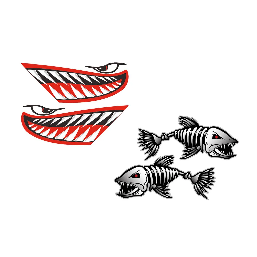 2x Fish Skeleton + 2x Shark Mouth Teeth Decals Kayak Ocean Boat DIY Stickers - Waterproof & Durable 2x Fish Skeleton + 2x Shark Mouth Teeth Decals Kayak Ocean Boat DIY Stickers - Waterproof & Durable