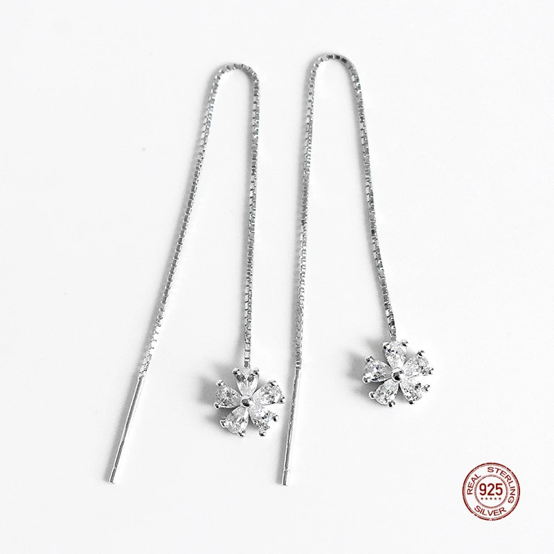 

LKO Plum Blossom Flower Long Tassel Earrings for Women Real 925 Sterling Silver Ear Line Fashion Zircon Delicate Jewelry Gift