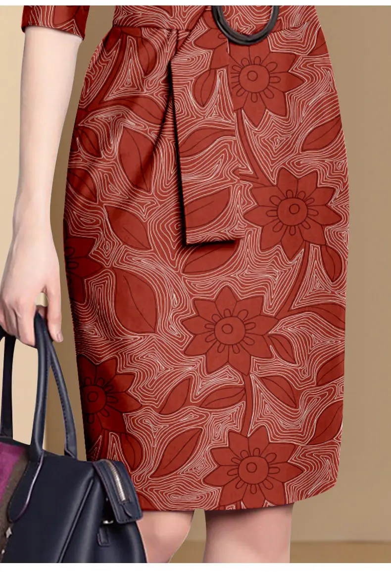 Vintage Print Half Sleeve Round Neck Slim Dress With Belt Women Summer Fashion Bodycon Ladies Office Elegant Party Dresses Vintage Print Half Sleeve Round Neck Slim Dress With Belt Women Summer Fashion Bodycon Ladies Office Elegant Party Dresses