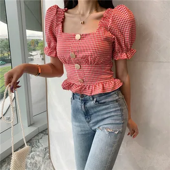 Plaid Summer Blouse Women Sexy Square Collar Puff Sleeve Vintage Top Elegant Top Shirt Summer Shirts Button Elastic Linen 2019
Plaid Summer Blouse Women Sexy Square Collar Puff Sleeve Vintage Top Elegant Top Shirt Summer Shirts Button Elastic Linen 2019