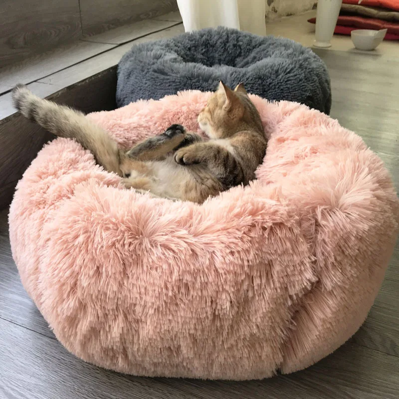 Круглая длинная плюшевая кровать для кошек супер мягкая домашних животных домик
