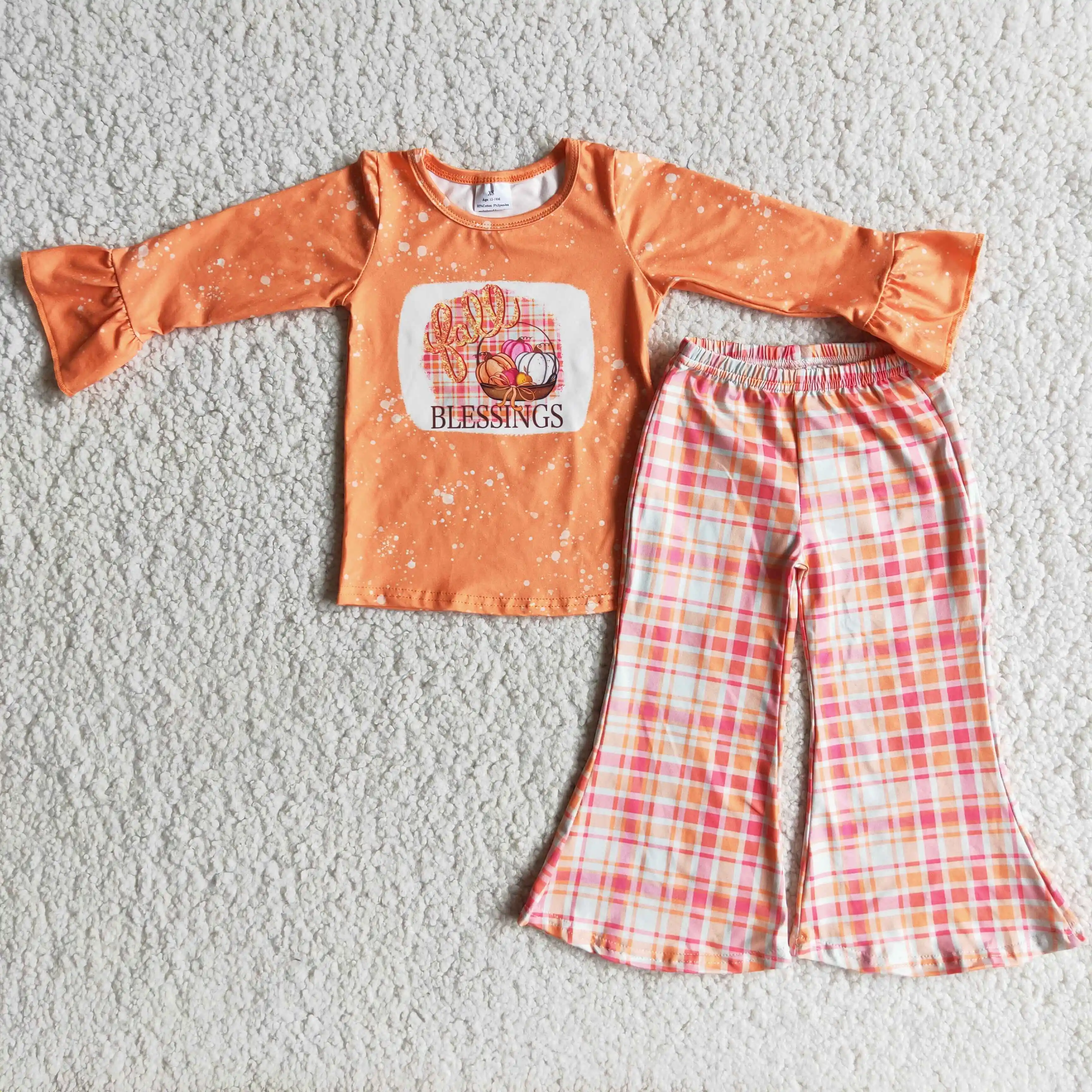 

Thanksgiving Day Baby Girls Wear Outfits Designer October Pink Pumpkin Tops and Grid Wide Pants Sets Boutique Wholesale Outfits