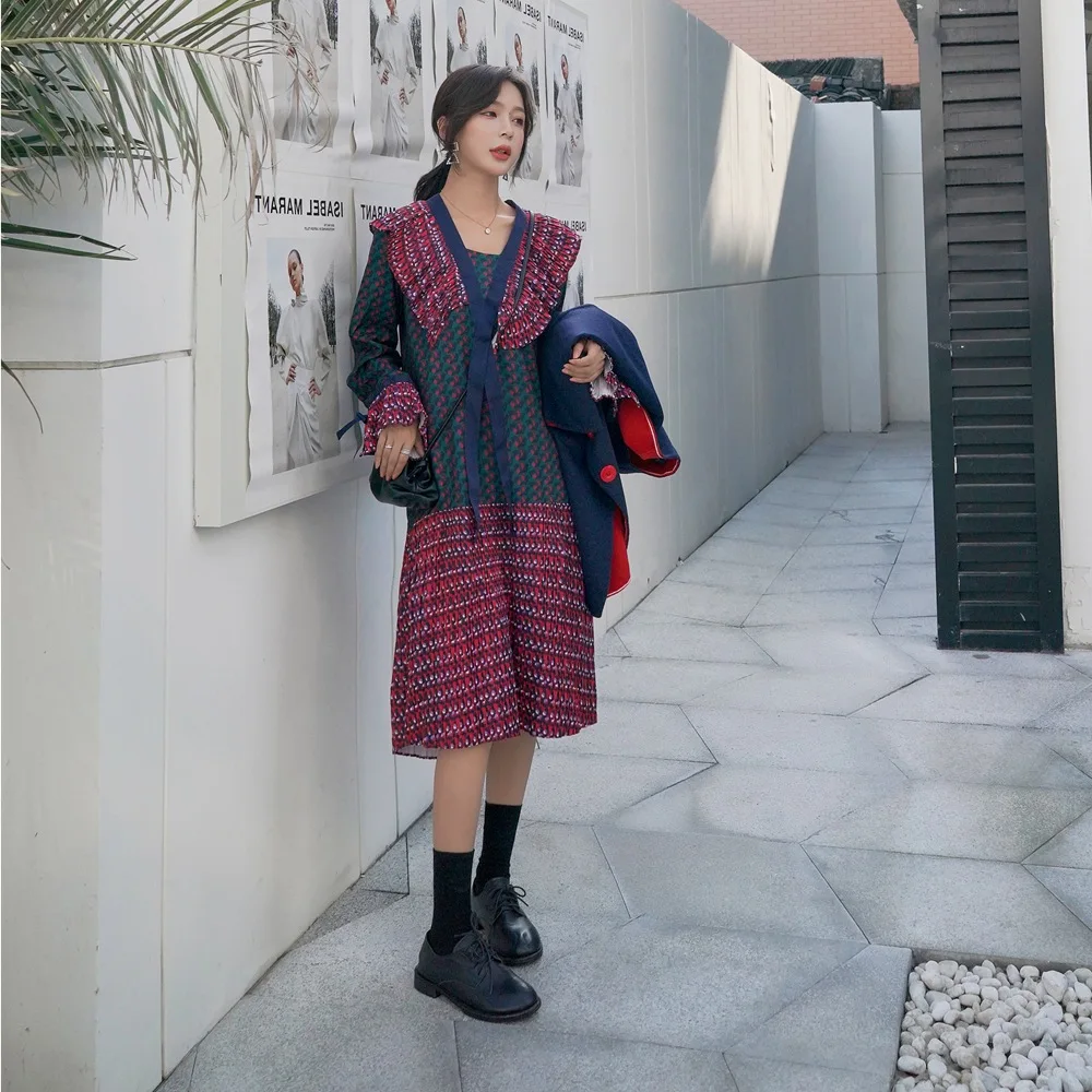 Photo Shoot CHIC Fishtail Skirt 2019 Autumn And Winter New Style WOMEN'S Dress Retro Laziness-Style Contrast Color Ruffled Colla 
Photo Shoot CHIC Fishtail Skirt 2019 Autumn And Winter New Style WOMEN'S Dress Retro Laziness-Style Contrast Color Ruffled Colla