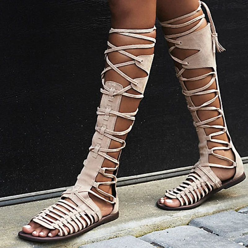 

Rome Lace-up Flat Sandals Boots Women Summer Flat Shoes Cross Strap Cut-out Gladiator Sandals Boots Fringe Srping Shoes