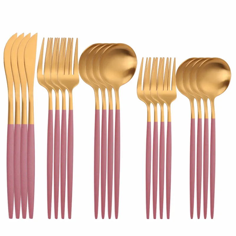 

Matte Pink Gold Cutlery Set Stainless Steel Western Dinnerware Set 20Pc Luxury Kitchen Knives Forks Coffee Spoons Tableware Set