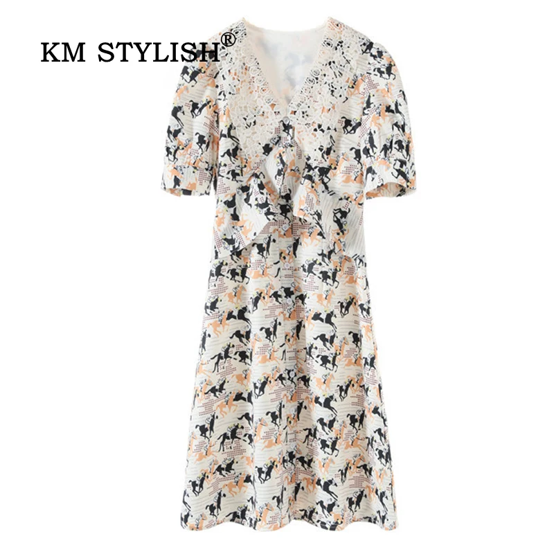 New Women Short-sleeve V-neck Dress Horses Print Lace Neck Ruffles Elegant Slim Waist Casual Dresses Lady Single-breasted Dress 
New Women Short-sleeve V-neck Dress Horses Print Lace Neck Ruffles Elegant Slim Waist Casual Dresses Lady Single-breasted Dress