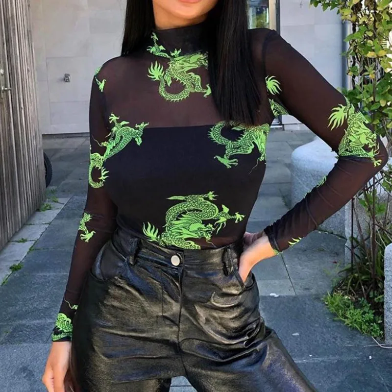 2020 Summer Women 's Sexy Mesh See Through Chinese Dragon Print Skinny Bodysuit Full Sleeve Slim Female Streetwear Back Club Top
2020 Summer Women 's Sexy Mesh See Through Chinese Dragon Print Skinny Bodysuit Full Sleeve Slim Female Streetwear Back Club Top