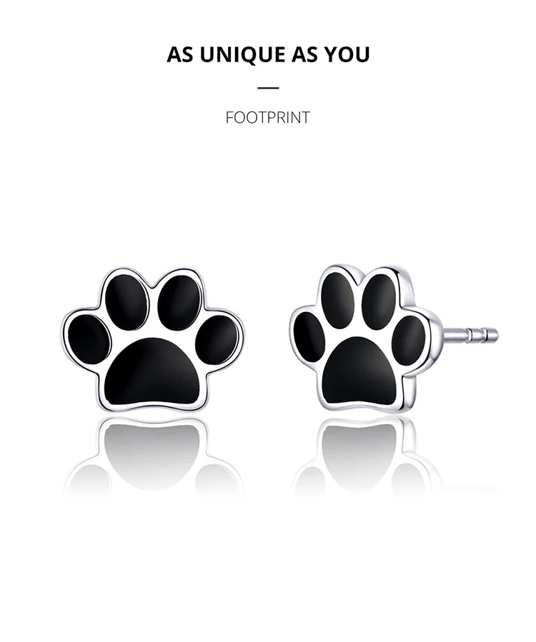 Paw Dog Footprint Black Stud Earrings 925 Sterling Silver For Women - PeticaDeals