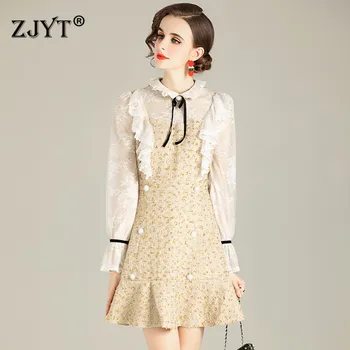Europe Fashion Woman Clothes Elegant Designers 2020 Flare Sleeve Lace Patchwork Above Knee Casual Dress Autumn Winter Vestidos