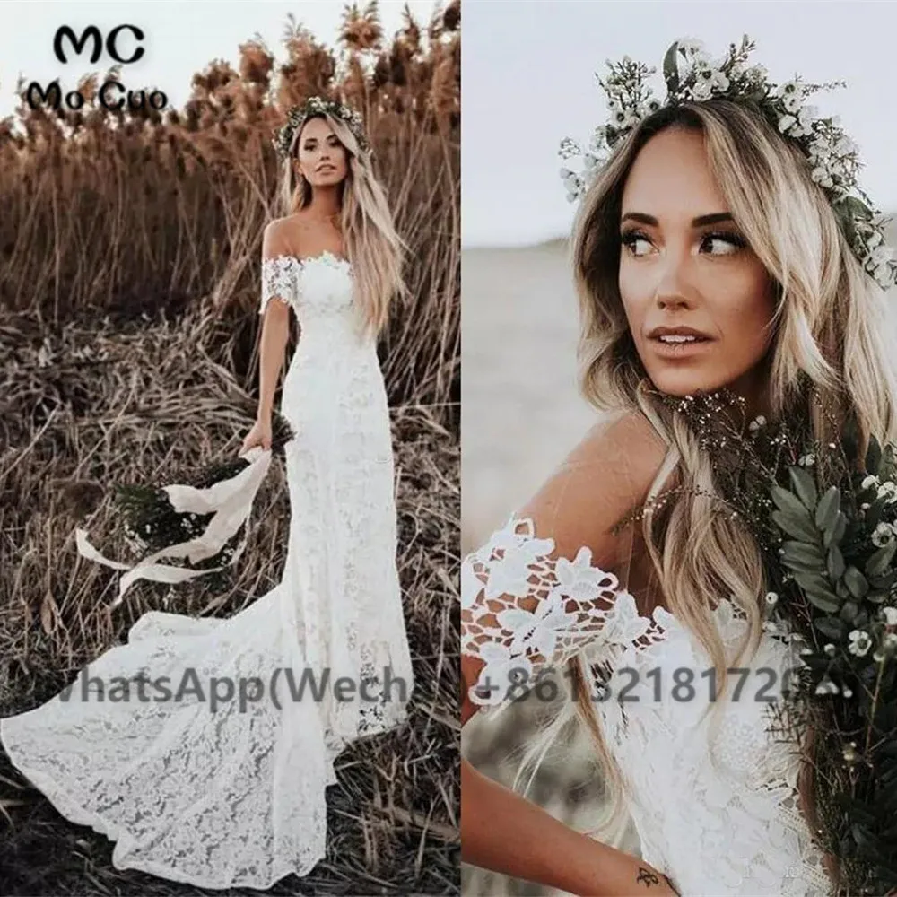 Elegant White Lace Wedding Dresses New Country Style Off The Shoulder Short Sleeves Beach Bridal Dresses Vestidos De Soiree Custom Made (2)