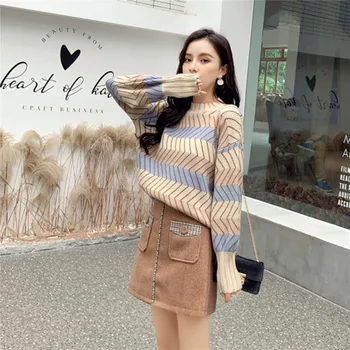 Korean Version Autumn Winter 2019 New Pattern Women Fashion Loose Stripe Colour Matching Sweater Top+Wool Mini Skirt Set 
Korean Version Autumn Winter 2019 New Pattern Women Fashion Loose Stripe Colour Matching Sweater Top+Wool Mini Skirt Set