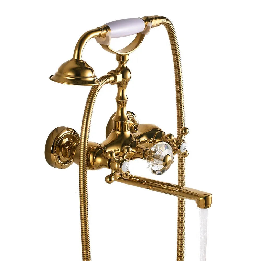Shower game faucet installed on the blue and white porcelain walls of the old bathtub, gold solid copper faucet
Shower game faucet installed on the blue and white porcelain walls of the old bathtub, gold solid copper faucet