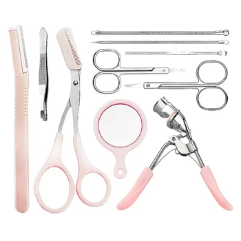 

10pcs Eyebrow Trimming Kit Portable Curling Shaving Grooming Tweezer Shapers Eyebrow Grooming Kit Scissor Set For Women Girls