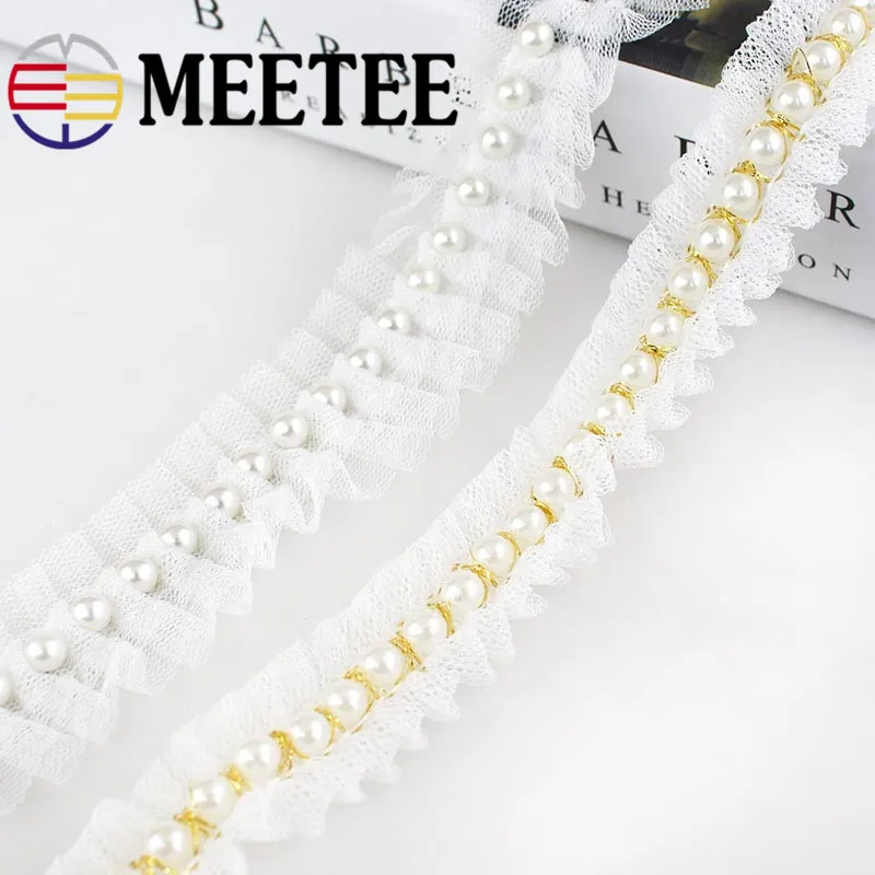 Meetee белые жемчужные кружева сетчатая пряжа складки кружевная отделка лента