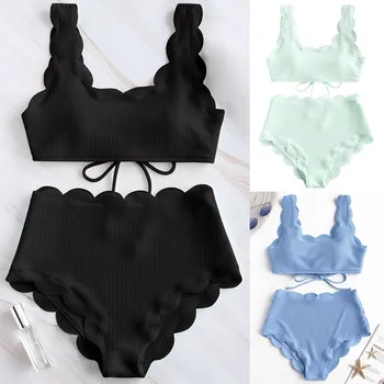 Women Scalloped Textured High Waisted Bikini Set Solid Two Pieces Beach Bathing Suits Swimwear Lace up Biquinis Bathing Suits
Women Scalloped Textured High Waisted Bikini Set Solid Two Pieces Beach Bathing Suits Swimwear Lace up Biquinis Bathing Suits