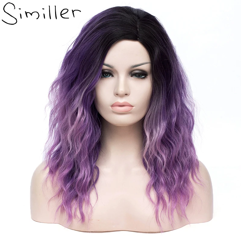

Similler 16inch Women Short Synthetic Wigs Black Root Purple Ombre High Temperature Fiber Curly Hair Cosplay Wig Highlights