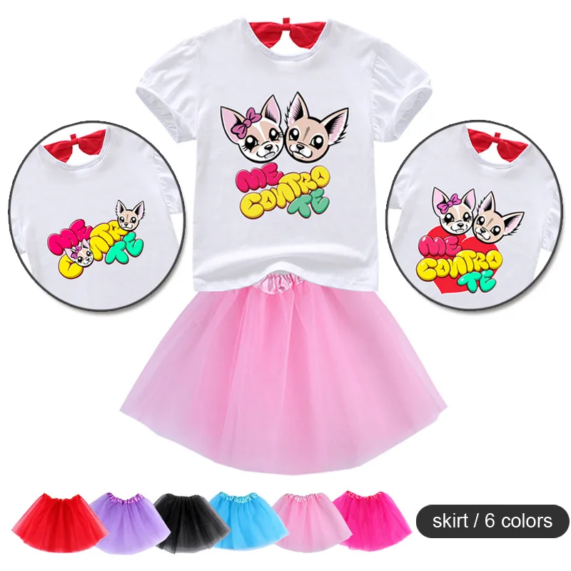 

New Girls Princess Dress + T Shirt 2 Pcs Set Cartoon Me Contro Te Print Tutu Dress Sets Children's Clothing Suits Kids Costumes