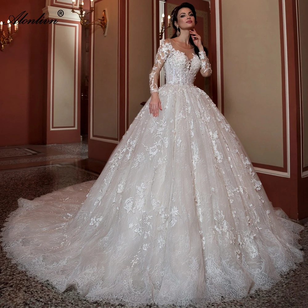 

Alonlivn Beauty Whole Beading Appliques Lace Ball Gown Bridal Dress Long Train Full Sleeves Wedding Gowns Customize Made