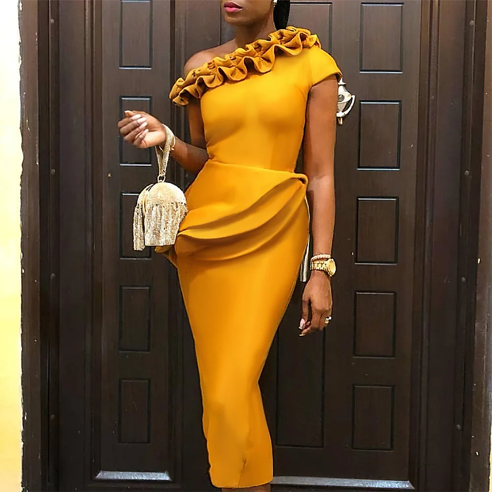 Party Midi Dress Ruffles Off Shoulder Patchwork Sexy Bodycon Yellow Women Vestido Celebrate Event Occasion Dinner Night Date Out 
Party Midi Dress Ruffles Off Shoulder Patchwork Sexy Bodycon Yellow Women Vestido Celebrate Event Occasion Dinner Night Date Out