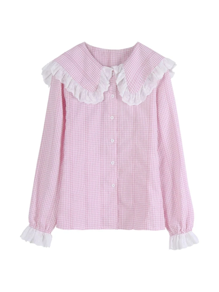 

Рубашка в шотландскую клетку, в японском Корейском стиле, с оборками и Расклешенным рукавом, форма для старшей школы, для девушек, в стиле Харадзюку, в стиле преппи, розовый кардиган