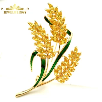 

Harvest Vintage Marquise Cut CZ Yellow Sheath Wheat Brooches Gold Tone Stem Green Enameled Leaf Spike wheat Pins Autumn Jewelry