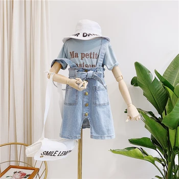 Summer girls 2 pcs set baby tee shirt + suspender skirt kids suit children clothes letter print denim bow button 3 to 8 yrs 
Summer girls 2 pcs set baby tee shirt + suspender skirt kids suit children clothes letter print denim bow button 3 to 8 yrs