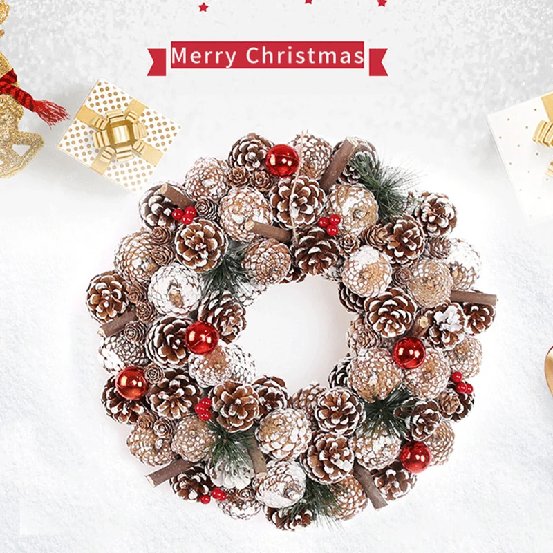 

Christmas Light Wreath for Front Door Decoration with Ball Ornaments Poinsettia Flowers Pine Cones for Festival Party BJ