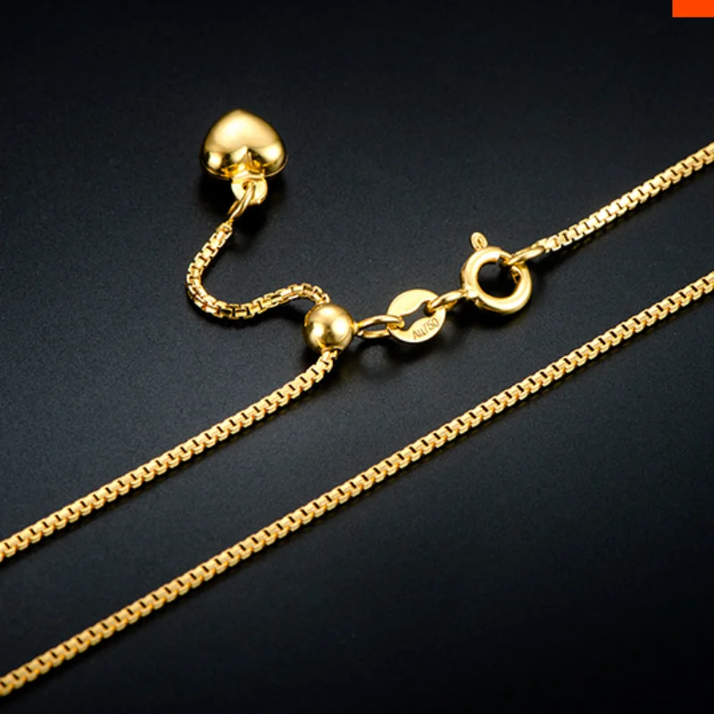 Pure 18k Yellow Gold Chain Women Luck Box Chain & Heart Charm Adjustable Necklace 20inch 3.91g 1.1mmW Pure 18k Yellow Gold Chain Women Luck Box Chain & Heart Charm Adjustable Necklace 20inch 3.91g 1.1mmW