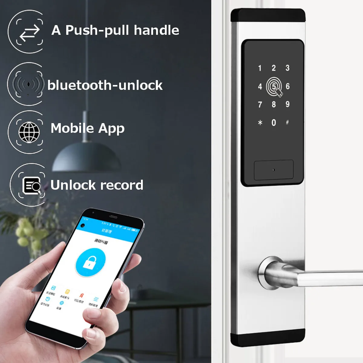 Electronic Door Lock bluetooth APP Smart Code Card Key Touch Screen Digital Password Lock for Home
Electronic Door Lock bluetooth APP Smart Code Card Key Touch Screen Digital Password Lock for Home