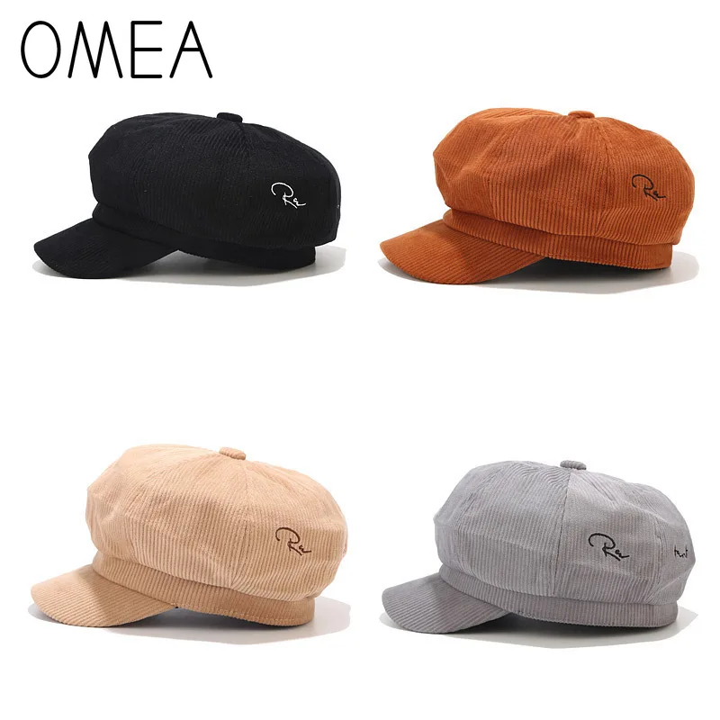 

OMEA Corduroy Women Visor Hat Winter Cap with Visor Embroidery Octagonal Cap Spring Casual Women Hat Visor Beanie Outdoor Hats