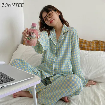 Pajama Sets Women Retro Plaid Turn-down Collar Full Length Trouser Korean Style Leisure Louge Wear Kawaii Students Autumn Trendy 
Pajama Sets Women Retro Plaid Turn-down Collar Full Length Trouser Korean Style Leisure Louge Wear Kawaii Students Autumn Trendy