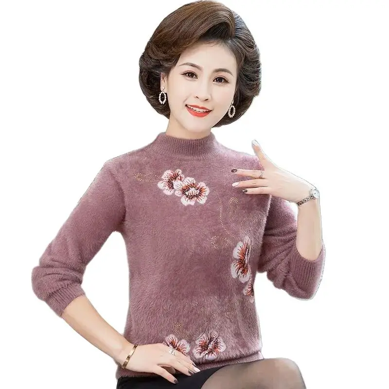 

Imitate Mink Velvet Keep Warm Elegant Ladies Base Shirt 4XL Middle-Aged Mother 2021 Autumn Winter New Add Thick Sweater
