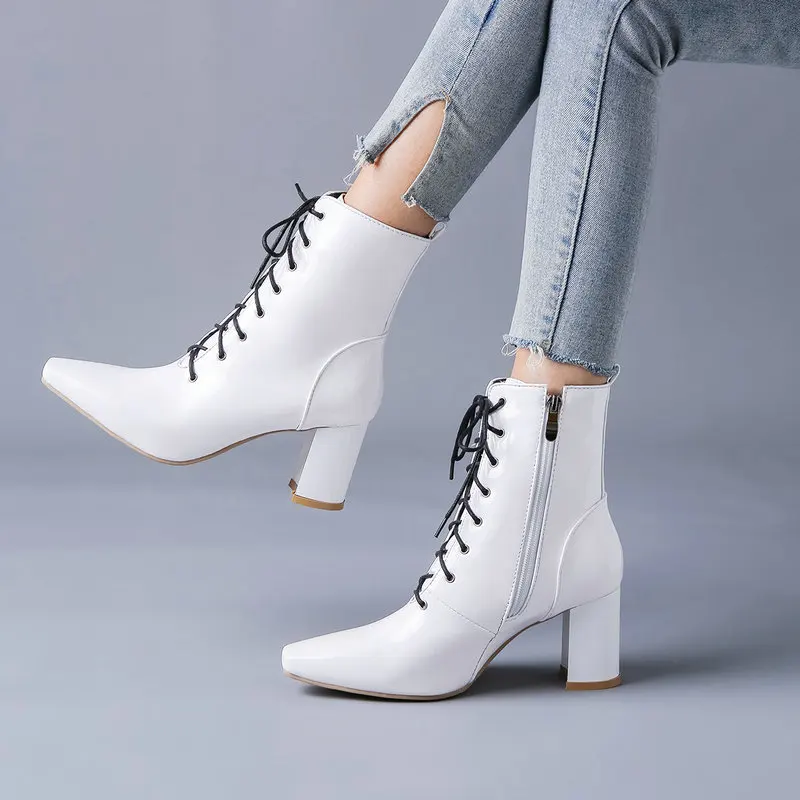 Women Boots Fashion Patent Leather Ankle Boots Square Toe High Heel Zipper Boots Lace Up Autumn Winter Female Shoes Black White
Women Boots Fashion Patent Leather Ankle Boots Square Toe High Heel Zipper Boots Lace Up Autumn Winter Female Shoes Black White
