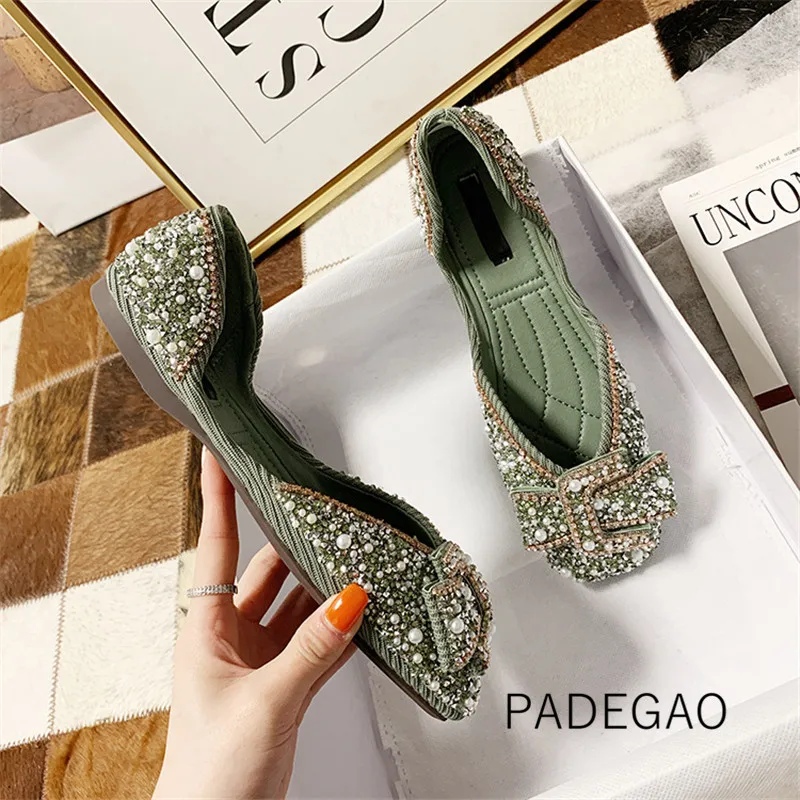 

Женские блестящие туфли из флока, зеленые туфли-бабочки с кристаллами, модель 2022 года