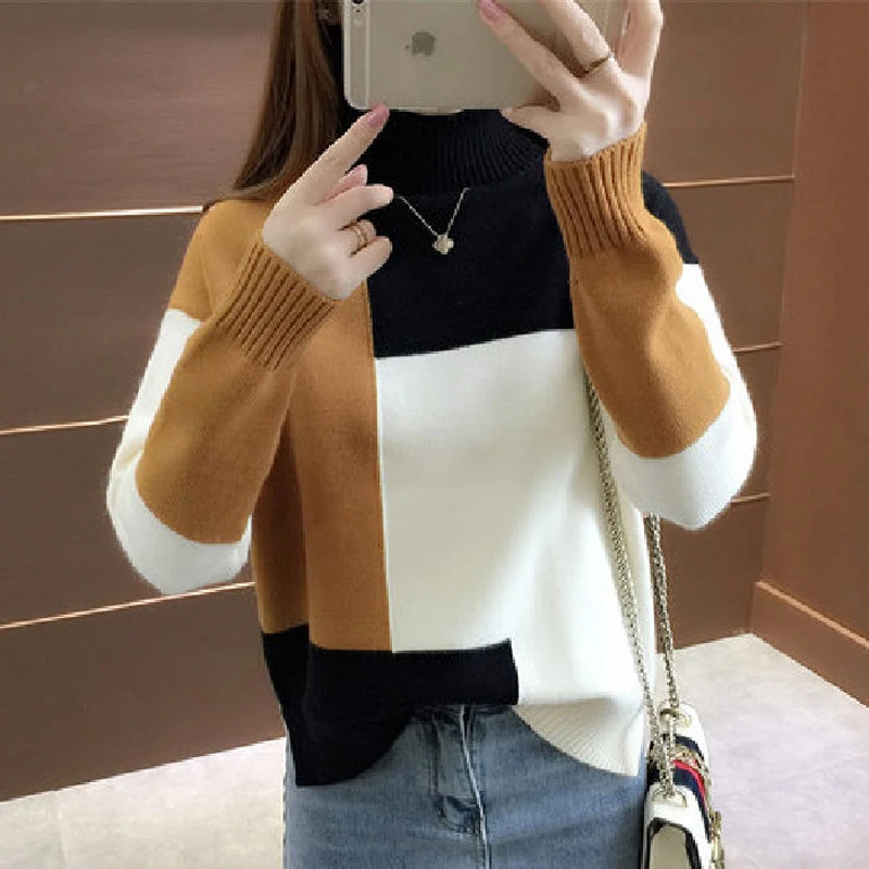 H98c14970a7d348958cb8f5c88ffe43aaB - Winter Korean Turtleneck Long Sleeves Patchwork Thick Sweater