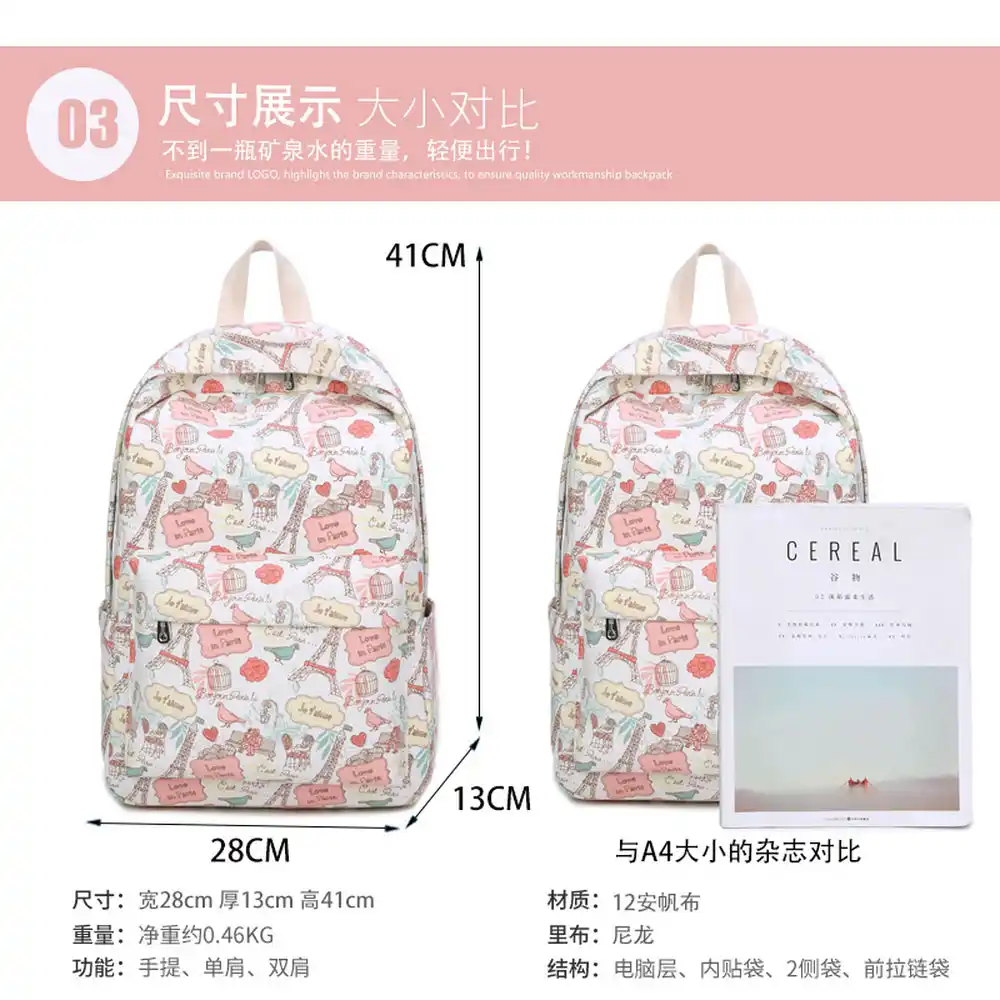 student bag female cartoon casual iron tower printing backpack