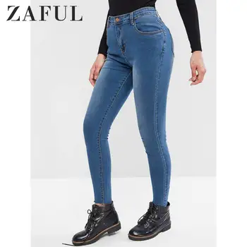 

ZAFUL High Waisted Bleach Wash Raw Hem Skinny Jeans Zipper Fly Pocket Embellishment Pencil Jeans Elastic Women Jeans Denim Blue