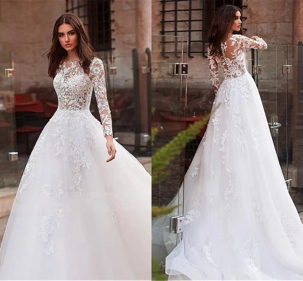 

Hot Sale Tulle Jewel Neck See-through Bodice A-line Wedding Dress Lace Appliques Long Sleeves Bridal Gowns vestidos de mariee