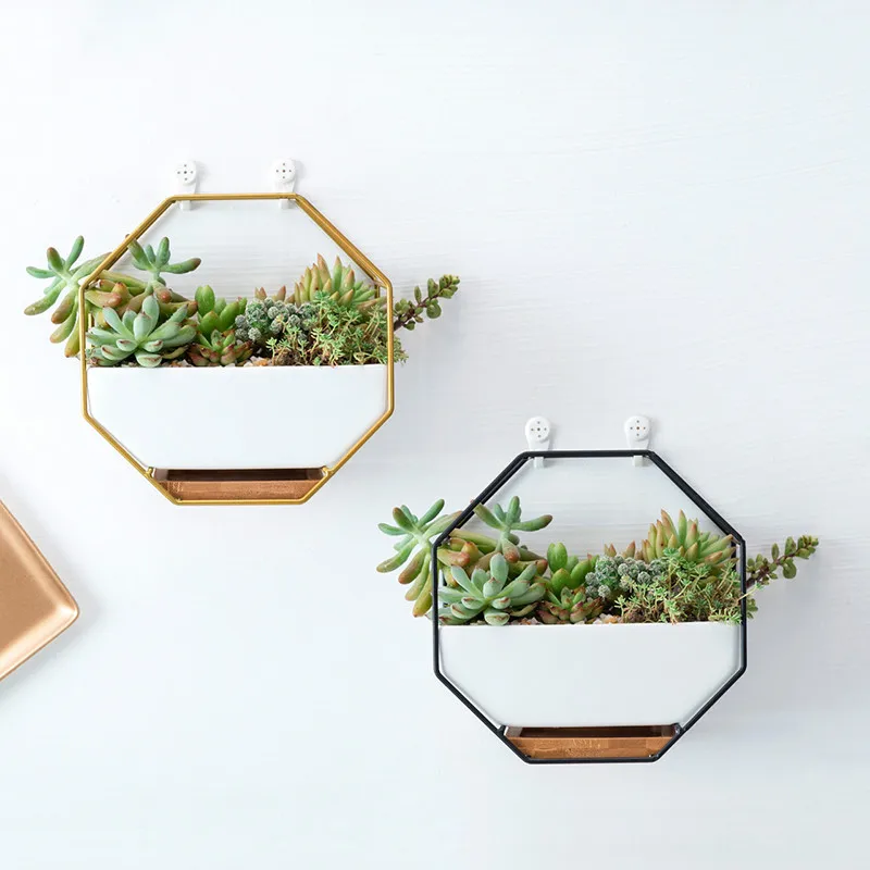 Metal Iron Rack White Ceramic Planter Pot Simple Octagonal Geometric Wall Hanging Flower Bamboo Tray Frame | Дом и сад