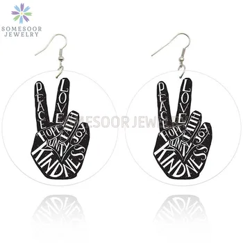 SOMESOOR Love Peace Hope Faith Kindness Wooden Drop Earrings Yeah Hands Black Sayings Arts Both Sides Printed For Women Gifts